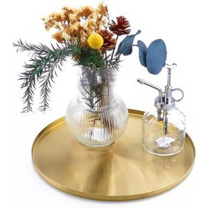 Gold Tray Serving Platter,Circle Metal DecorativeTray for Vanity Counter Kitchen